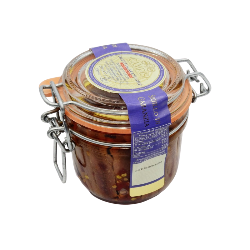 anchovy fillets with chilli pepper in air tight jar Campisi Conserve - 1